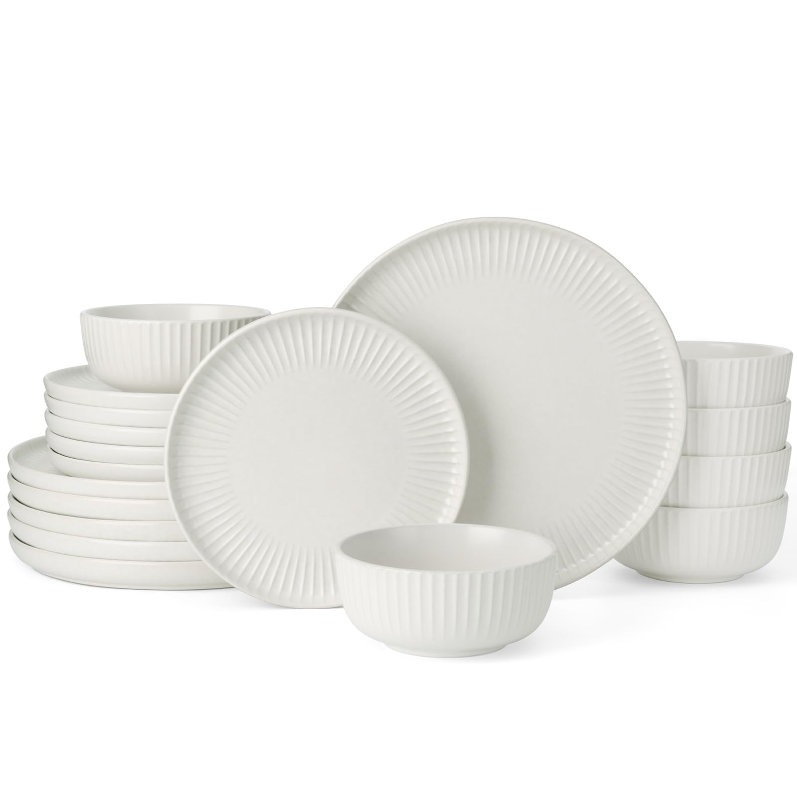 Richmount Starlight Geschirrset, 18-teiliges Teller Set, Geschirrset 6 Personen, Geripptes Strukturiertes Geschirr, Mikrowellen & Spülmaschinenfest, Anti-Kratzer, Reaktive Glasur, Mattes Beigeweiß