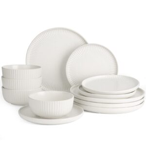 Richmount Starlight Geschirrset, 12-teiliges Teller Set, Geschirrset 4 Personen, Geripptes Strukturiertes Geschirr, Mikrowellen & Spülmaschinenfest, Anti-Kratzer, Reaktive Glasur, Mattes Beigeweiß