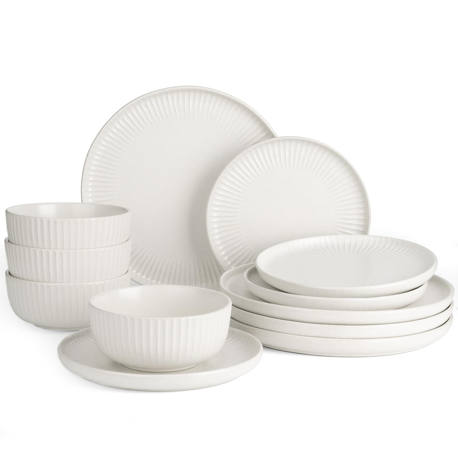 Richmount Starlight Geschirrset, 12-teiliges Teller Set, Geschirrset 4 Personen, Geripptes Strukturiertes Geschirr, Mikrowellen & Spülmaschinenfest, Anti-Kratzer, Reaktive Glasur, Mattes Beigeweiß