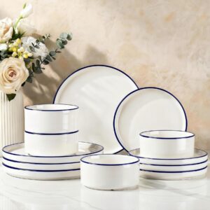 Richmount Geschirrset 12-tlg, Porzellan Service für 4 Personen, Teller set mit modernem, erhöhtem Rand, Mikrowelle & Spülmaschinengeeignet, Weiß mit dunkelblauer Kontur