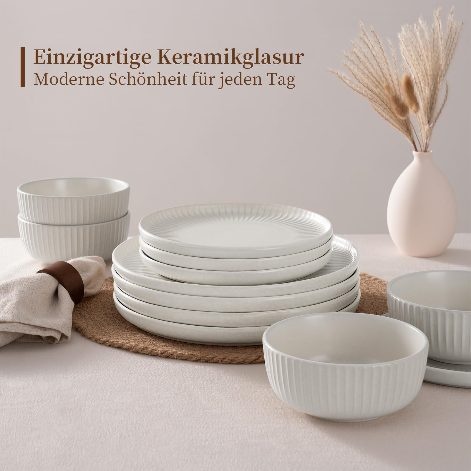 Richmount Starlight Geschirrset, 12-teiliges Teller Set, Geschirrset 4 Personen, Geripptes Strukturiertes Geschirr, Mikrowellen & Spülmaschinenfest, Anti-Kratzer, Reaktive Glasur, Mattes Beigeweiß - Image 5